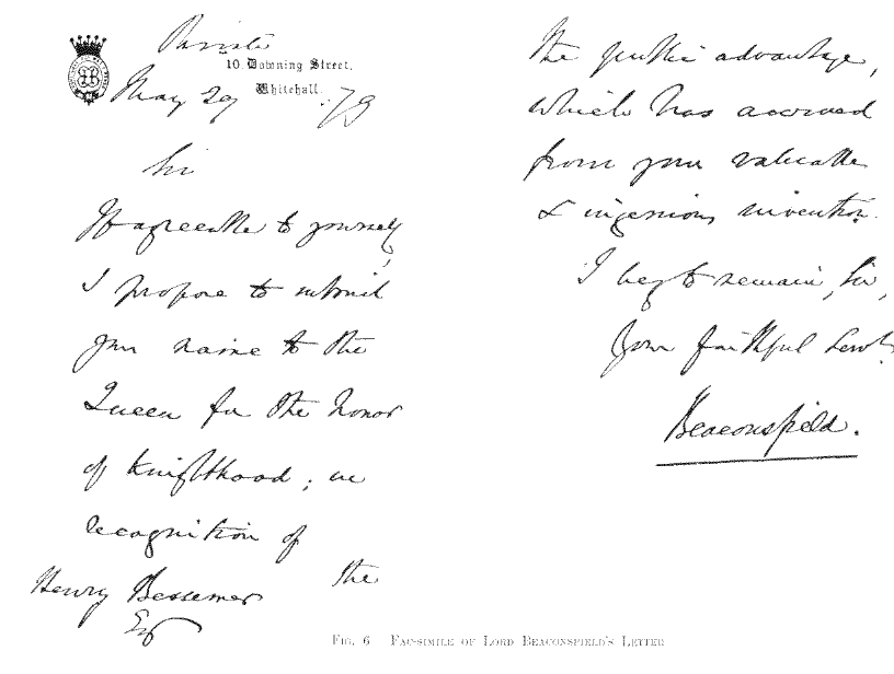 Facsimile of Lord Beaconsfields Letter